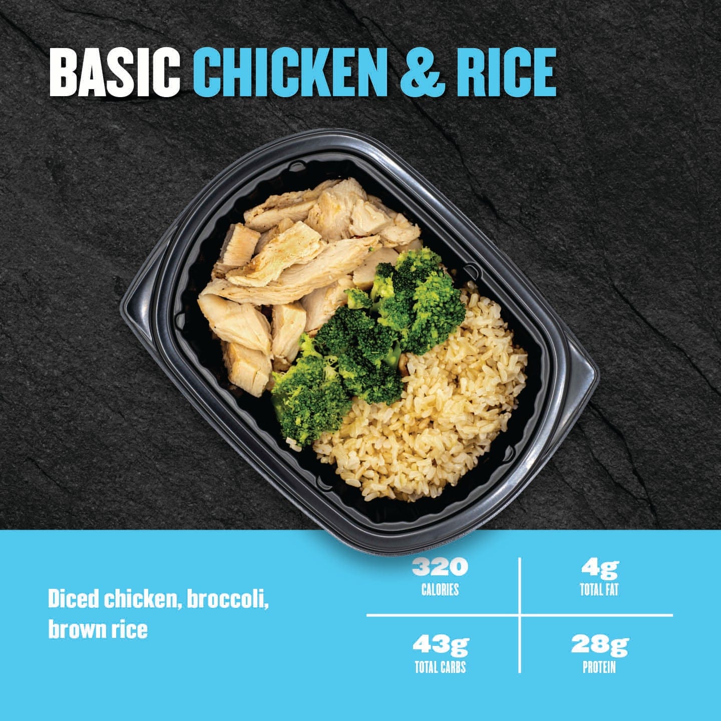 Prepared meal with chicken, broccoli, and brown rice in a black container on a dark background.