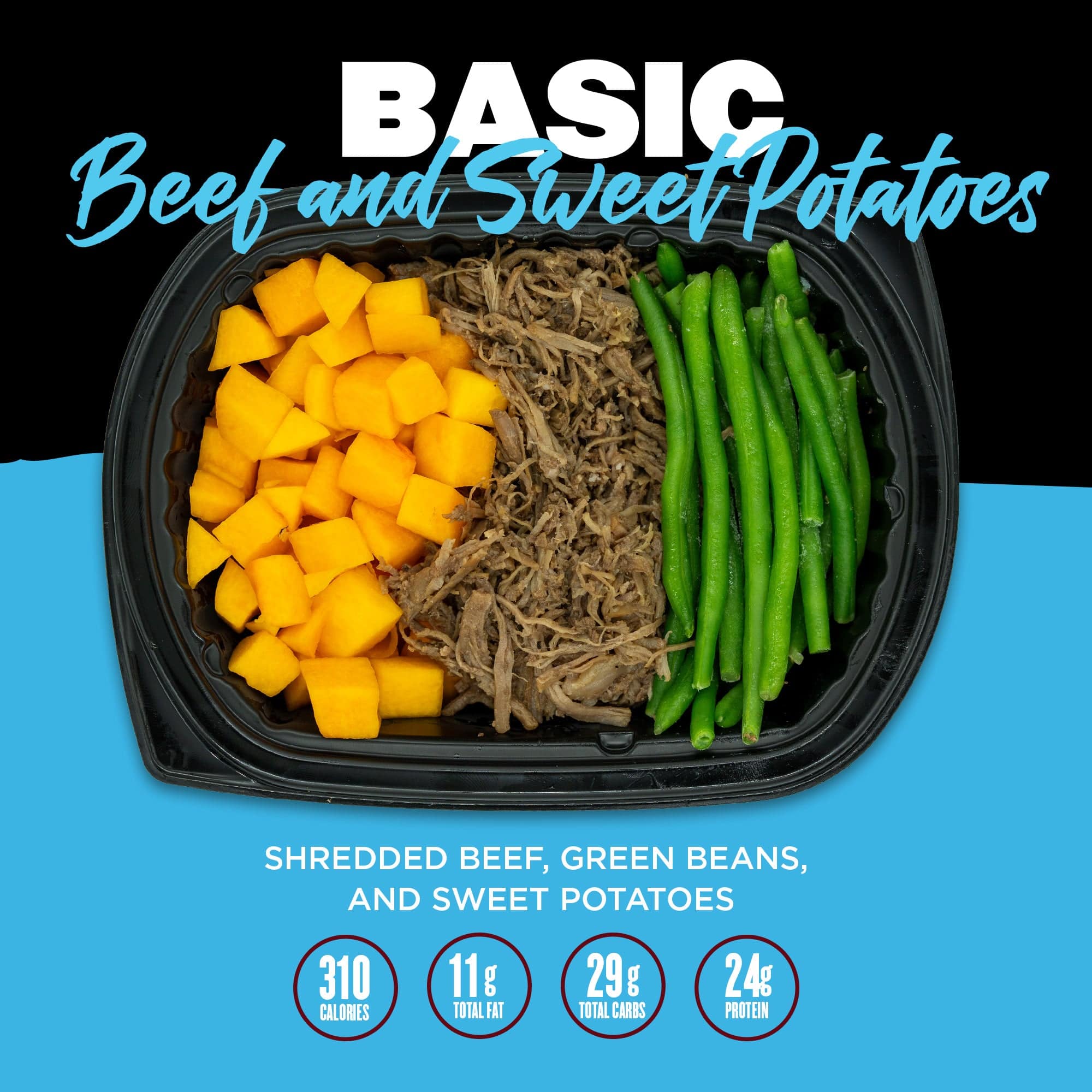 Clean Eatz Kitchen Basic Beef and Sweet Potatoes bowl - shredded beef with green beans and sweet potatoes