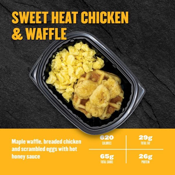 Sweet Heat Chicken & Waffle — Clean Eatz Kitchen maple waffle with breaded chicken and scrambled eggs topped with hot honey sauce; 620 calories, 29g fat, 65g carbs, 26g protein.