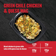 Container of green chile chicken and queso mac with nutritional information on a black background