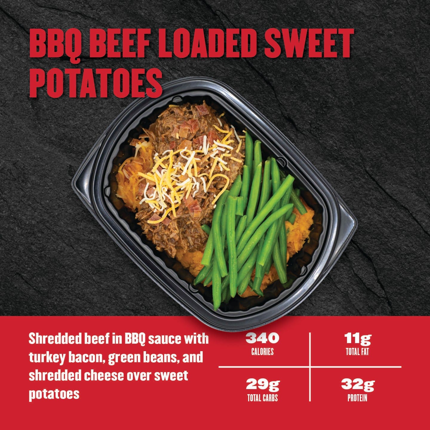 Plated dish of BBQ beef loaded sweet potatoes with green beans on a black slate background