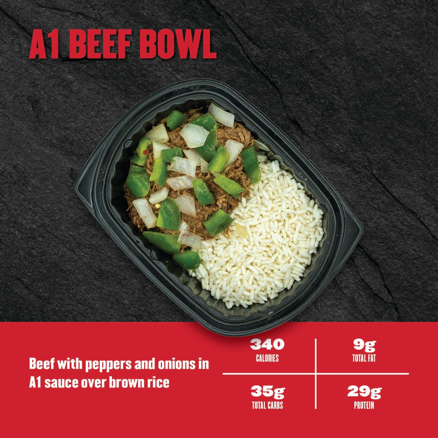 A1 Beef Bowl – shredded beef sautéed with green peppers and onions, served over brown rice in a black meal prep container from Clean Eatz Kitchen.