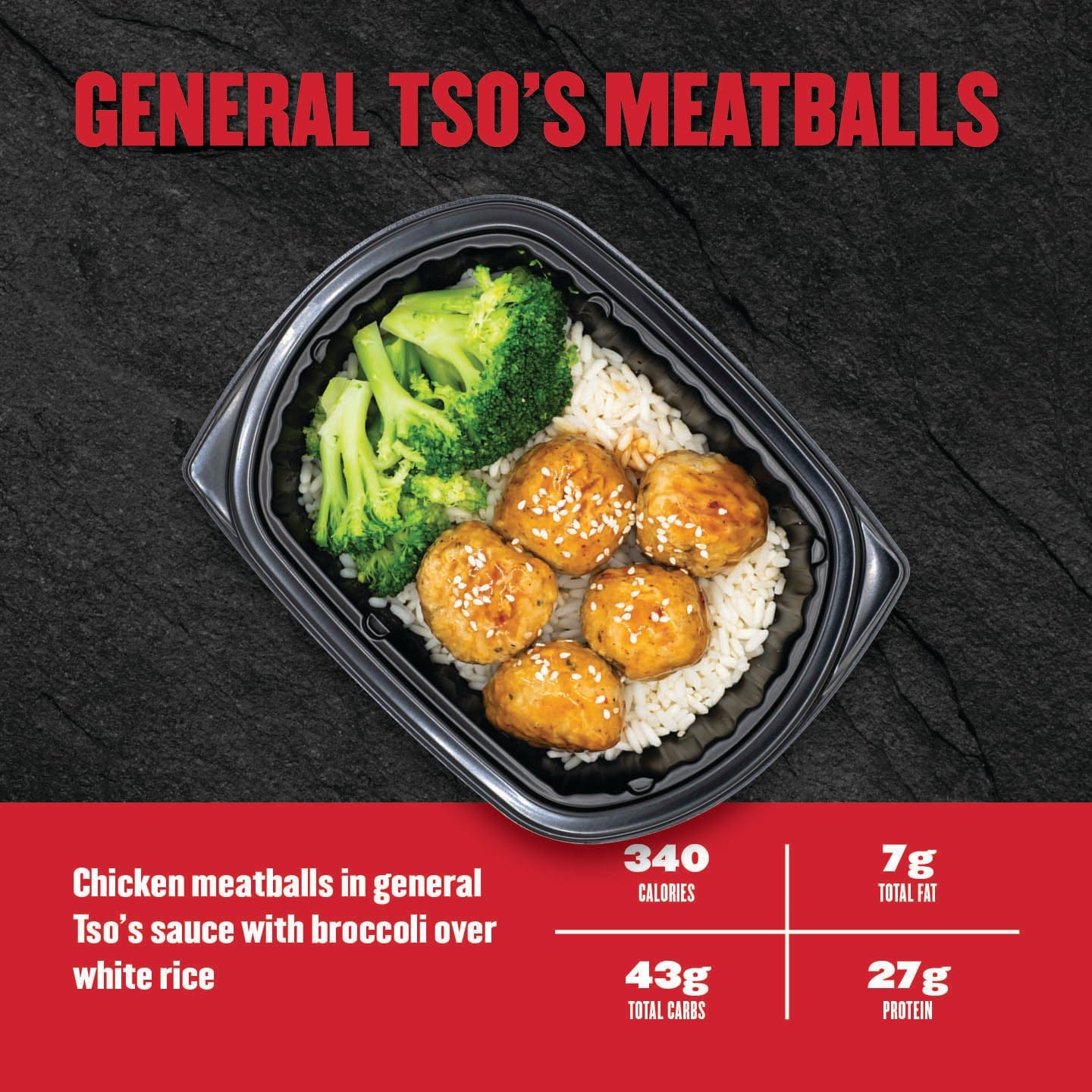 General Tso’s Meatballs – chicken meatballs glazed in sweet‑spicy sauce with steamed broccoli and white rice in a black meal prep container.”