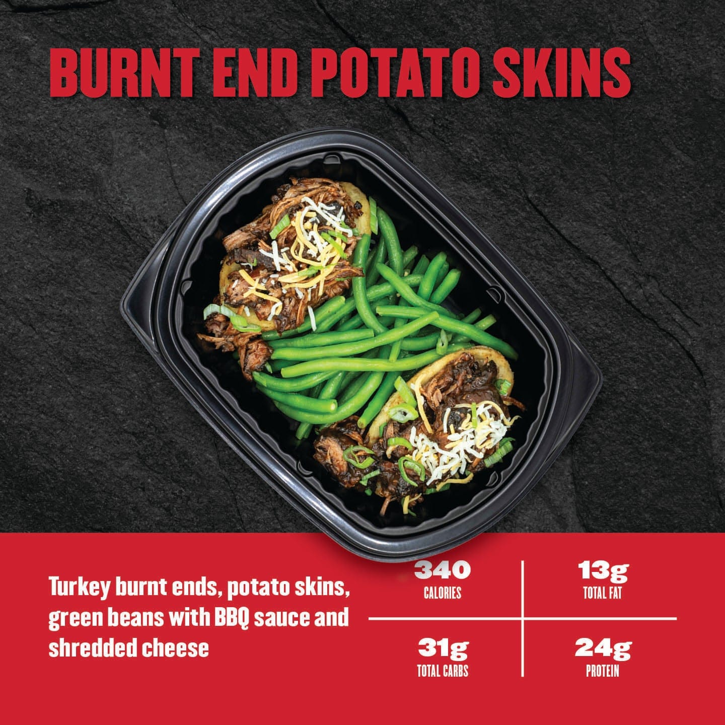 Clean Eatz Kitchen Burnt End Potato Skins - turkey burnt ends in BBQ sauce with potato skins and green beans