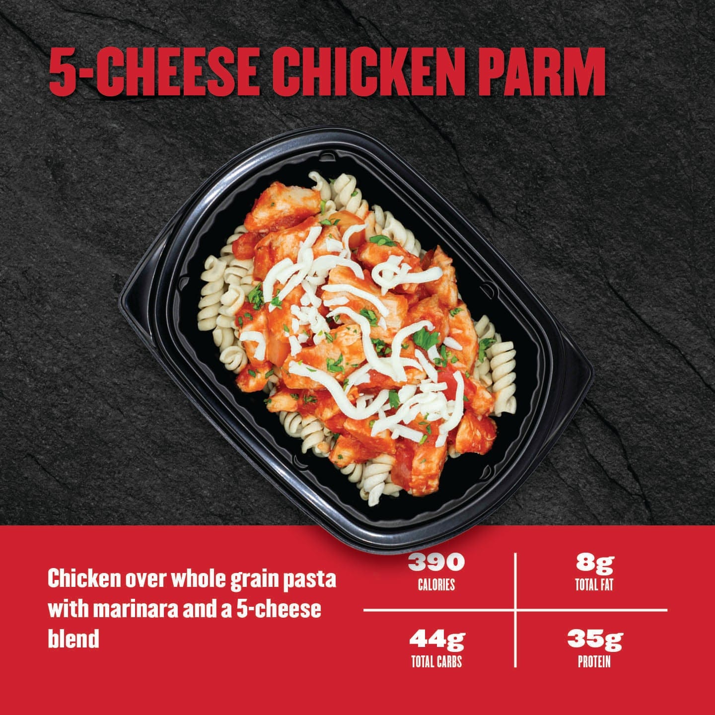 Clean Eatz Kitchen 5-Cheese Chicken Parm - chicken in marinara over whole grain pasta with 5-cheese blend