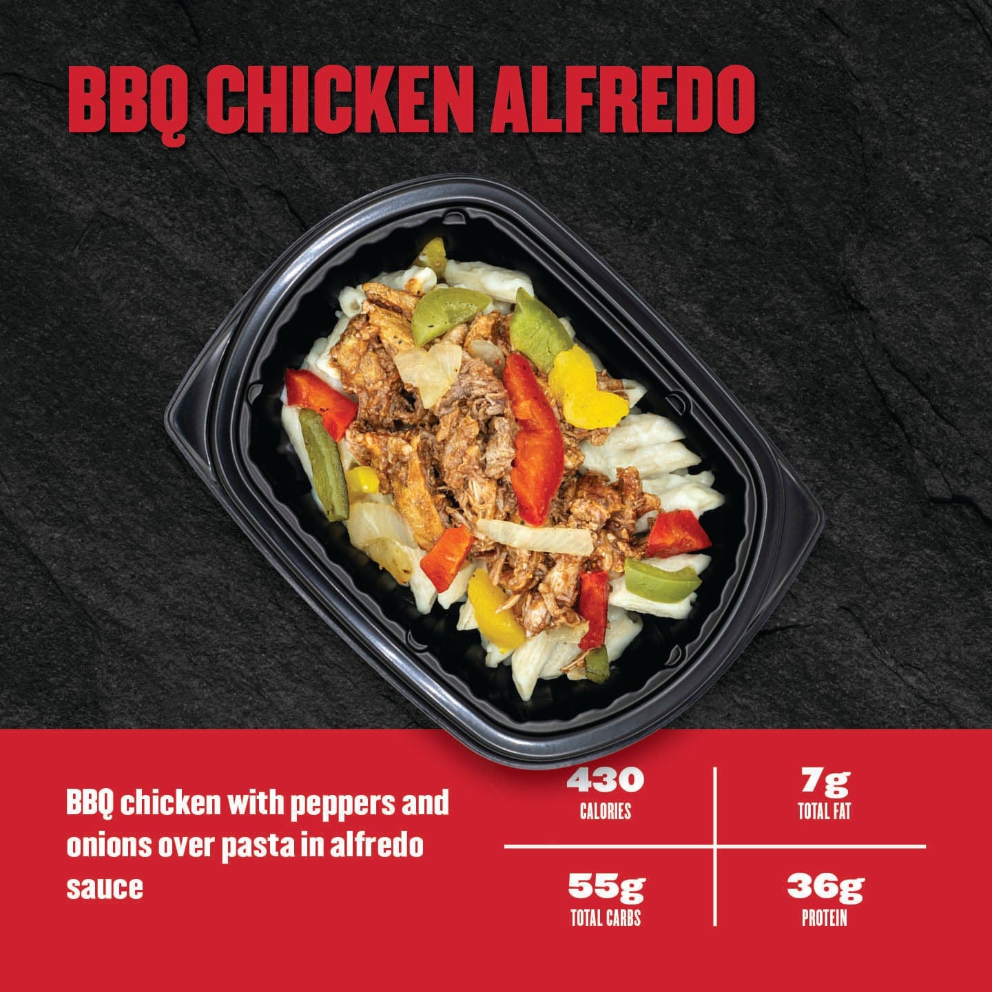 Clean Eatz Kitchen BBQ Chicken Alfredo bowl - BBQ chicken with peppers and onions over pasta in Alfredo sauce