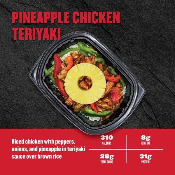Pineapple Chicken Teriyaki — Clean Eatz Kitchen diced chicken with peppers, onions, and pineapple in teriyaki sauce over brown rice; 310 calories, 8g fat, 28g carbs, 31g protein.
