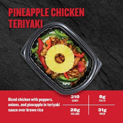 Pineapple Chicken Teriyaki — Clean Eatz Kitchen diced chicken with peppers, onions, and pineapple in teriyaki sauce over brown rice; 310 calories, 8g fat, 28g carbs, 31g protein.