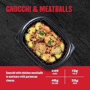 Gnocchi & Meatballs — Clean Eatz Kitchen gnocchi with chicken meatballs in marinara sauce with parmesan cheese; 440 calories, 13g fat, 48g carbs, 32g protein.