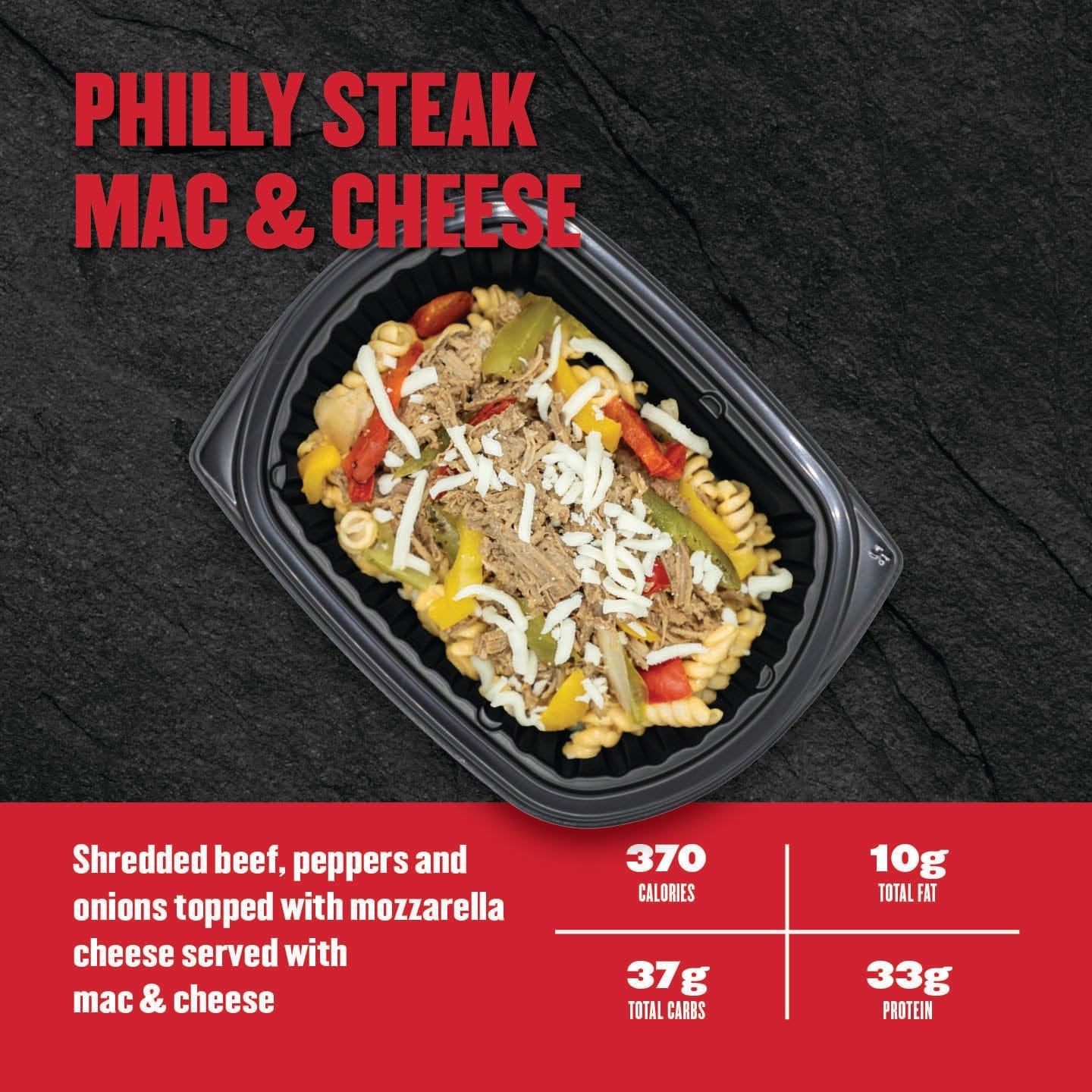 Container of Philly Steak Mac & Cheese with nutritional information on a black background