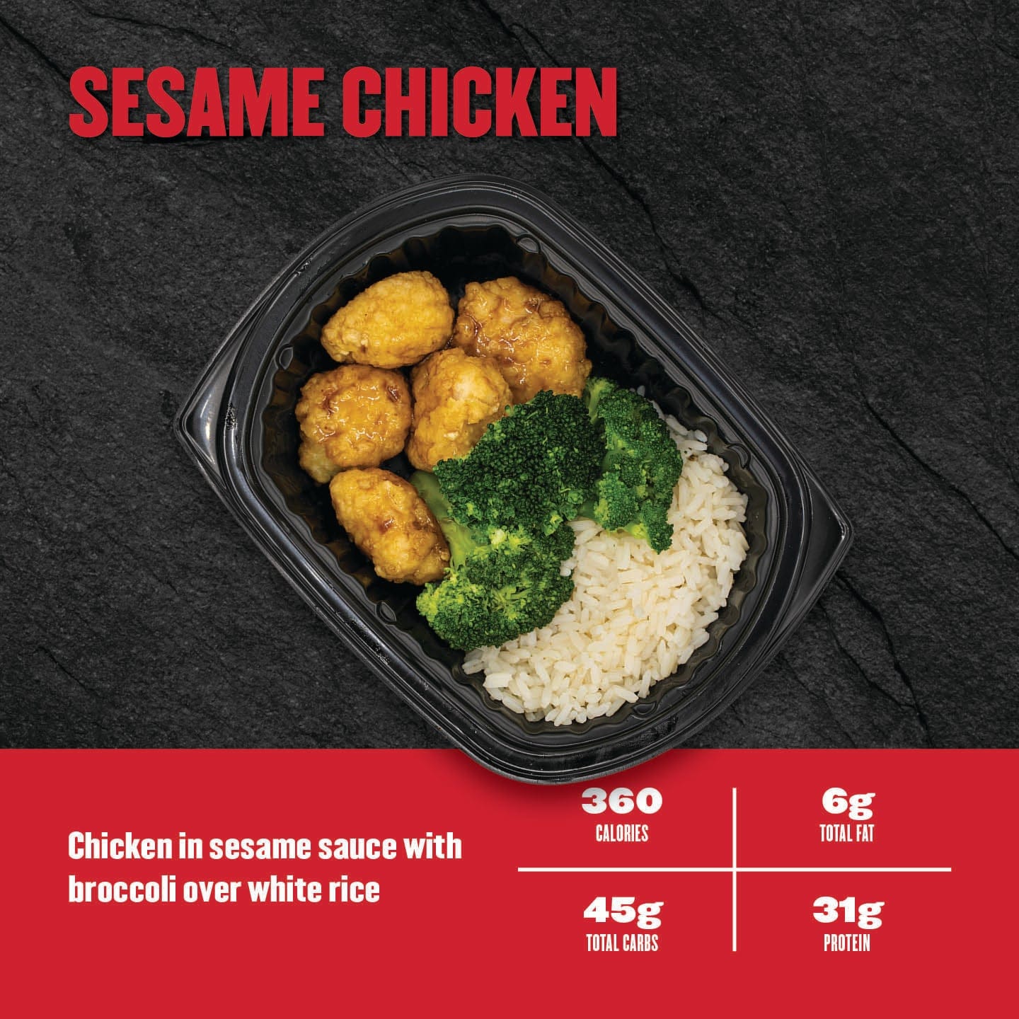 Sesame Chicken – breaded chicken bites tossed in sesame sauce, served with steamed broccoli and white rice in a black meal prep container from Clean Eatz Kitchen.
