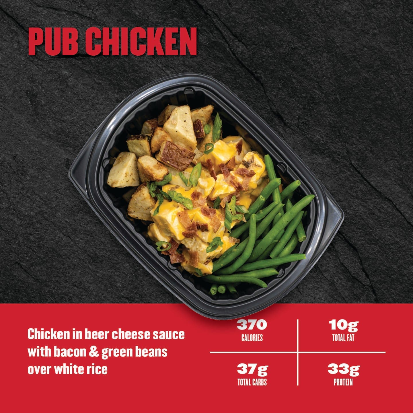 Pub Chicken – roasted chicken in beer cheese sauce with crispy potatoes, bacon, and green beans over white rice in a black meal prep tray from Clean Eatz Kitchen.
