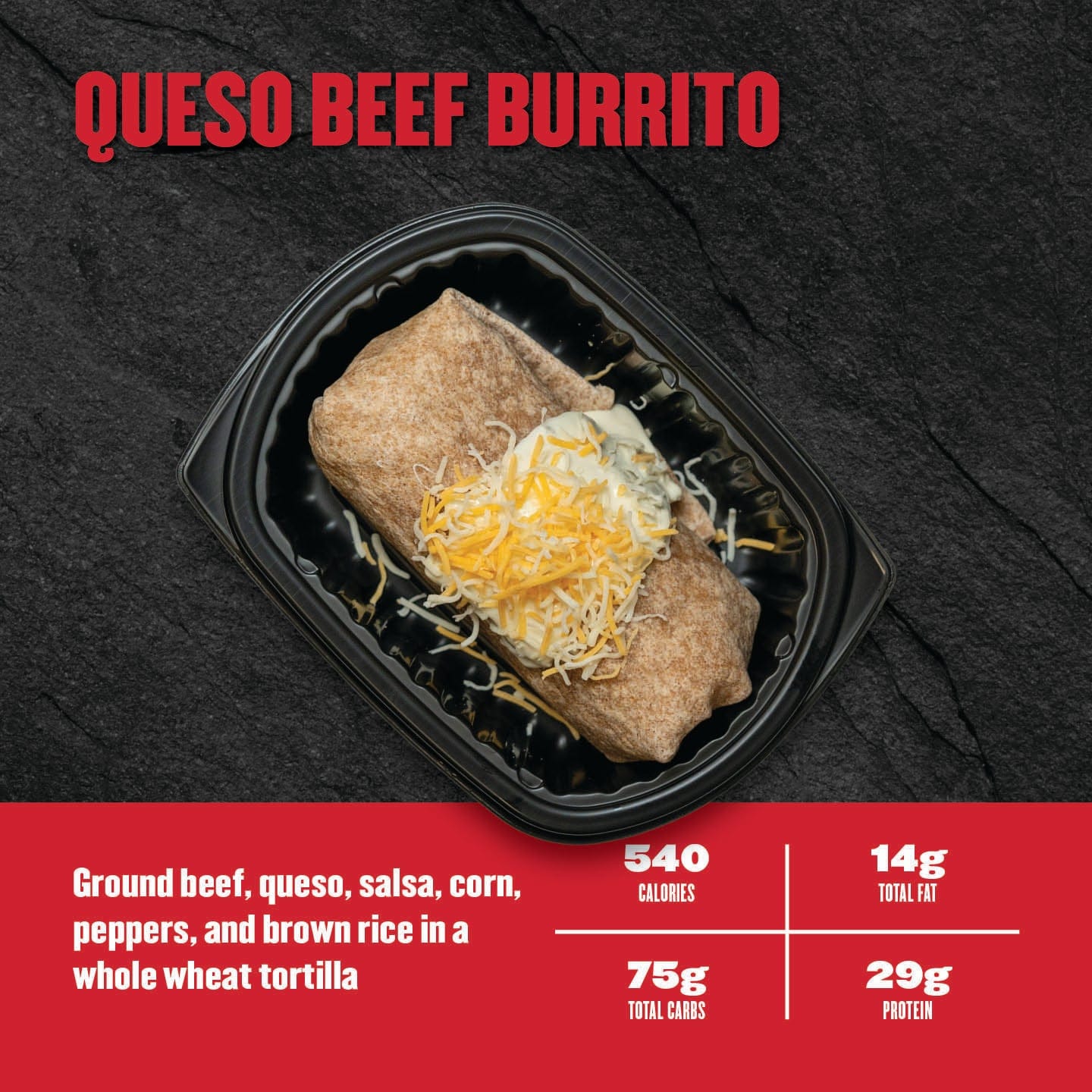 Clean Eatz Kitchen Burrito Bowl with seasoned ground beef, corn and black bean salsa, Pico de Gallo, and cheese over brown rice. Tex-Mex inspired burrito bowl with 440 calories, 18g total fat, 45g total carbs, and 24g protein. Clean Eatz Kitchen protein bowl for meal prep and balanced nutrition.