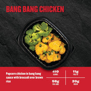Clean Eatz Kitchen Bang Bang Chicken - popcorn chicken in spicy sauce with broccoli over brown rice