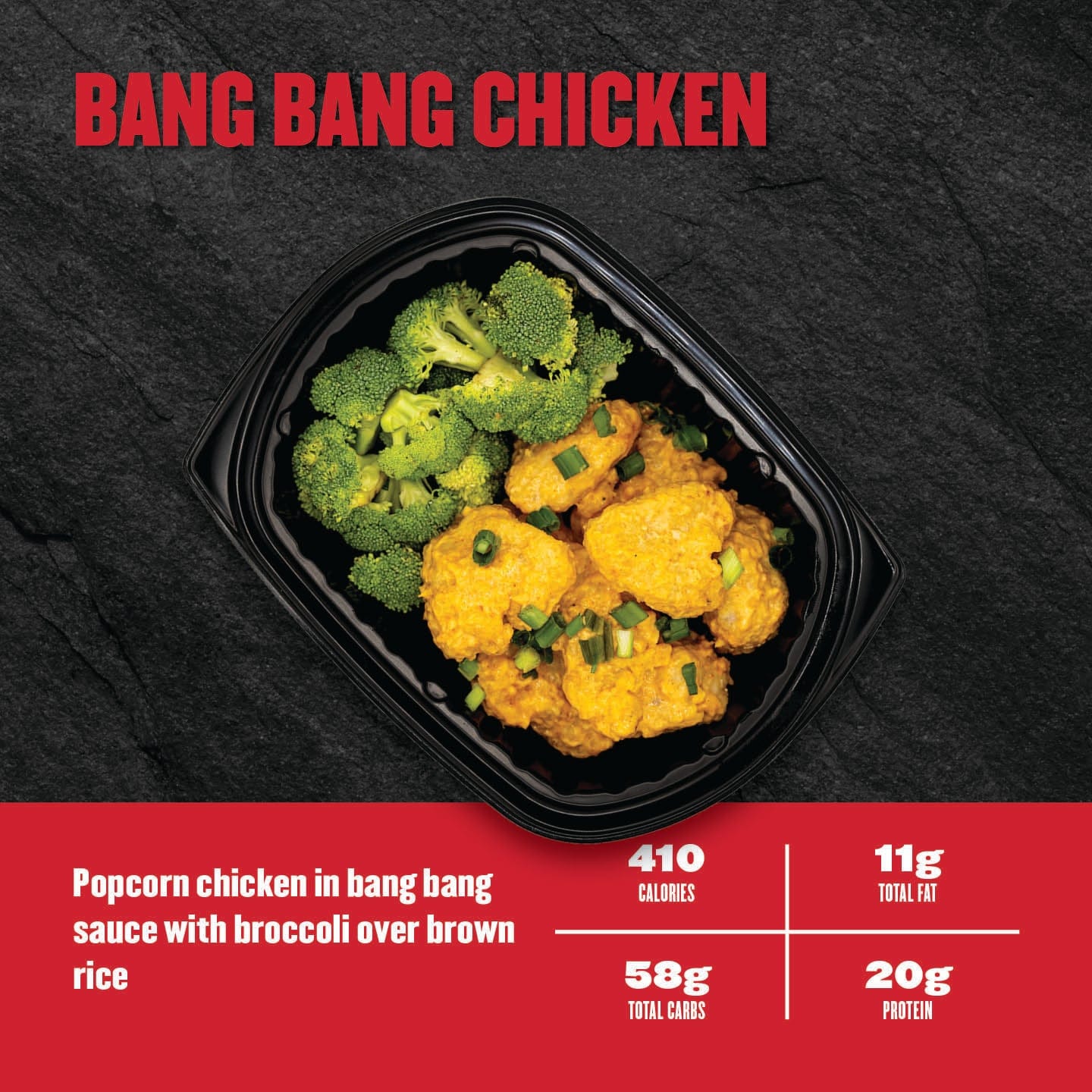Clean Eatz Kitchen Bang Bang Chicken - popcorn chicken in spicy sauce with broccoli over brown rice