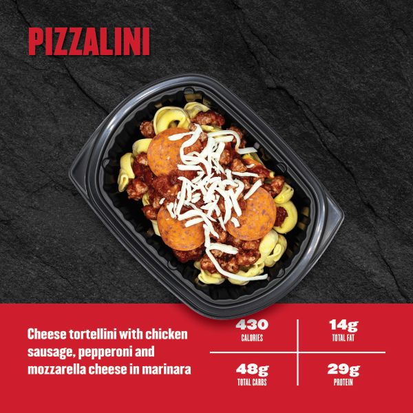 Pizzalini — cheese tortellini with chicken sausage, pepperoni, and mozzarella in marinara; 430 calories, 14g fat, 48g carbs, 29g protein.