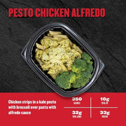 Pesto Chicken Alfredo — Clean Eatz Kitchen chicken strips in kale pesto with broccoli over pasta and alfredo sauce; 350 calories, 10g fat, 32g carbs, 33g protein.