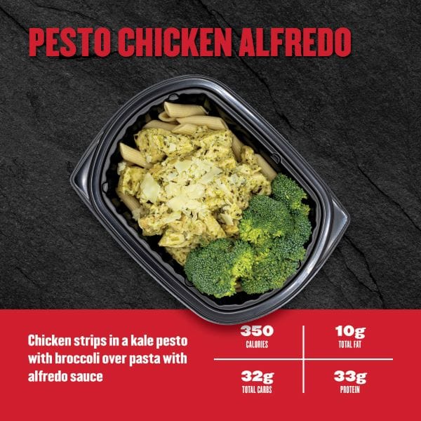 Pesto Chicken Alfredo — Clean Eatz Kitchen chicken strips in kale pesto with broccoli over pasta and alfredo sauce; 350 calories, 10g fat, 32g carbs, 33g protein.