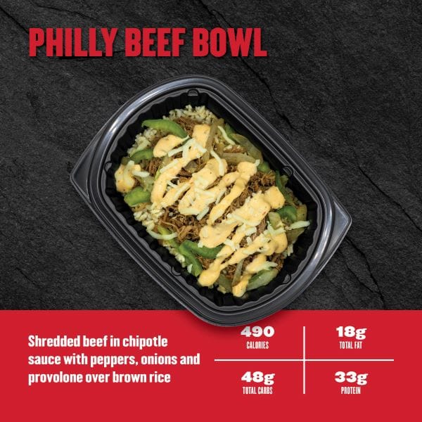 Philly Beef Bowl — Clean Eatz Kitchen shredded beef in chipotle sauce with peppers, onions, and provolone over brown rice; 490 calories, 18g fat, 48g carbs, 33g protein.