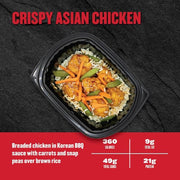 Crispy Asian Chicken — Clean Eatz Kitchen breaded chicken in Korean BBQ sauce with carrots and snap peas over brown rice; 360 calories, 9g fat, 49g carbs, 21g protein.