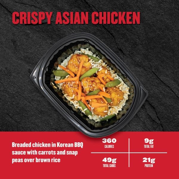 Crispy Asian Chicken — Clean Eatz Kitchen breaded chicken in Korean BBQ sauce with carrots and snap peas over brown rice; 360 calories, 9g fat, 49g carbs, 21g protein.