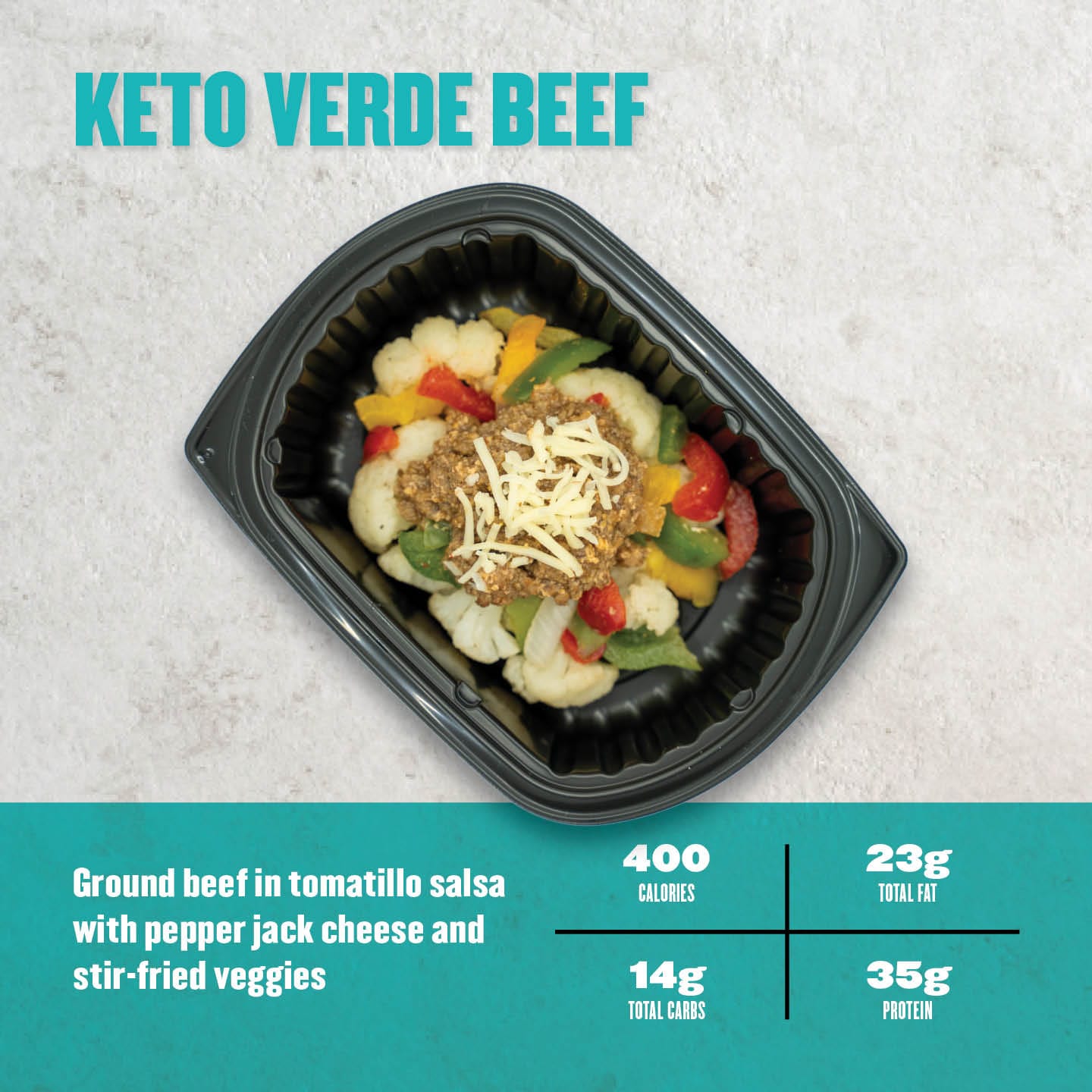 Ground beef in tomatillo salsa topped with pepper jack cheese, served with a colorful blend of stir-fried vegetables. 400 calories, 23g total fat, 14g total carbs, 35g protein.