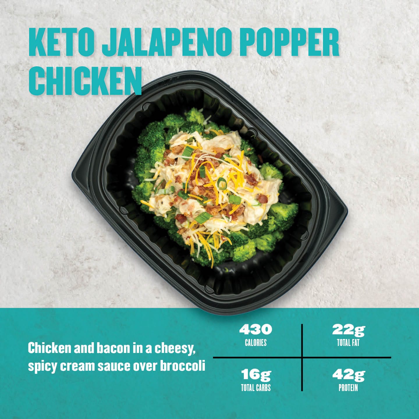 Spicy and creamy chicken with bacon bits, topped with shredded cheese and green onions, served over a bed of steamed broccoli. 430 calories, 22g total fat, 16g total carbs, 42g protein.