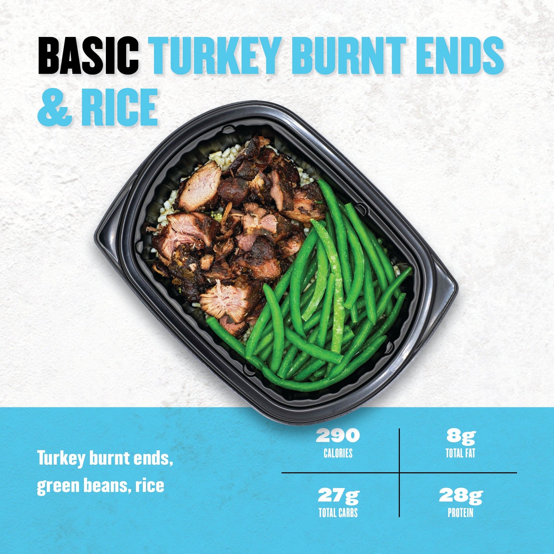 Clean Eatz Basic Turkey Burnt Ends & Rice meal with smoked turkey burnt ends, green beans, and rice—lean, flavorful option with 290 calories and 28g protein.