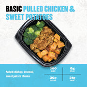 Clean Eatz Basic Pulled Chicken & Sweet Potatoes meal with shredded chicken, roasted sweet potato chunks, and broccoli—macro-balanced with 300 calories and 31g protein.