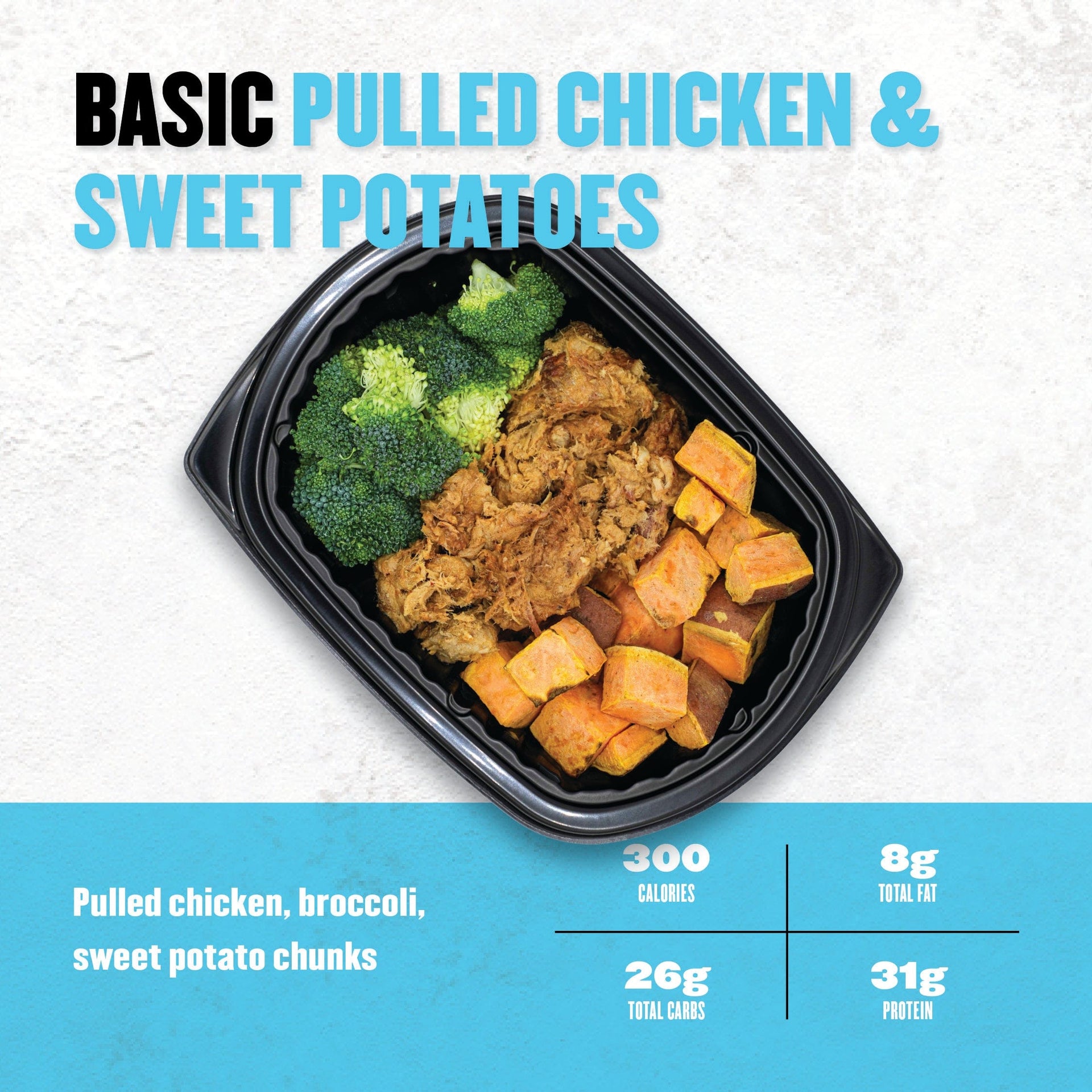 Clean Eatz Basic Pulled Chicken & Sweet Potatoes meal with shredded chicken, roasted sweet potato chunks, and broccoli—macro-balanced with 300 calories and 31g protein.