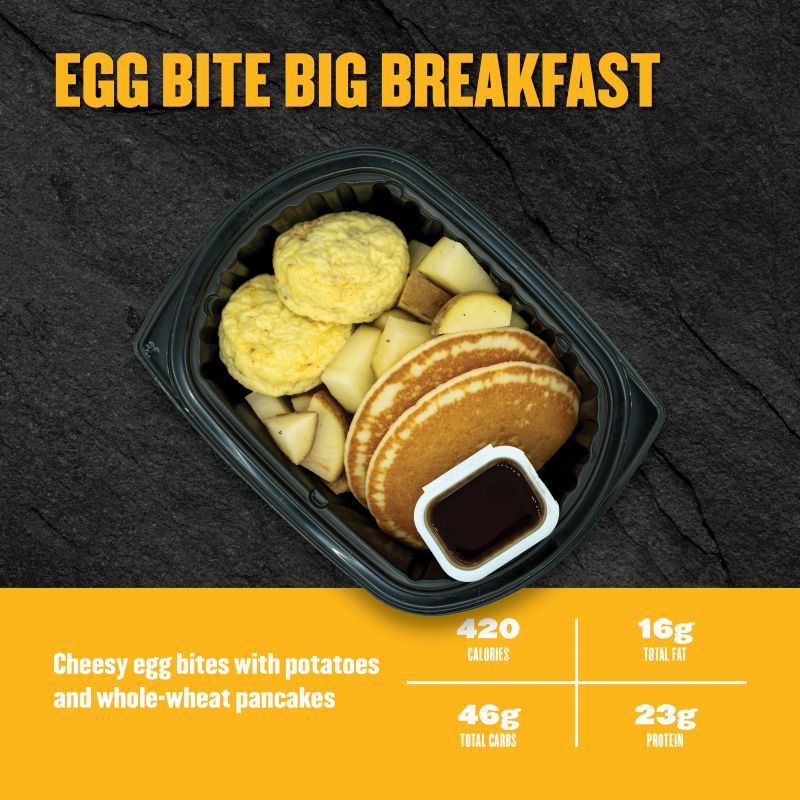 Cheesy egg bites with potatoes, whole-wheat pancakes, and syrup; 420 calories, 23g fat, 46g carbs, 16g protein.