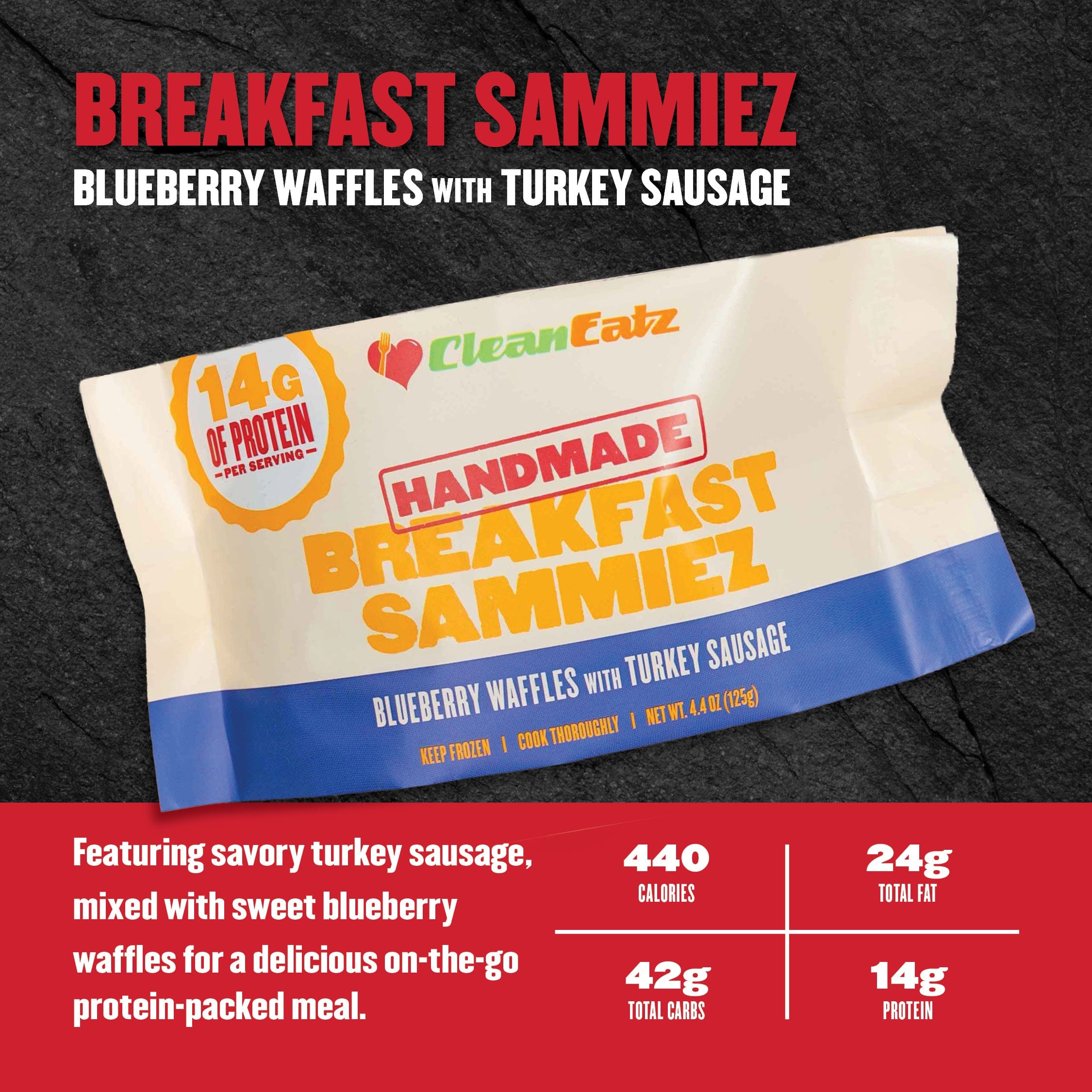 Blueberry waffle and turkey sausage sandwich close-up