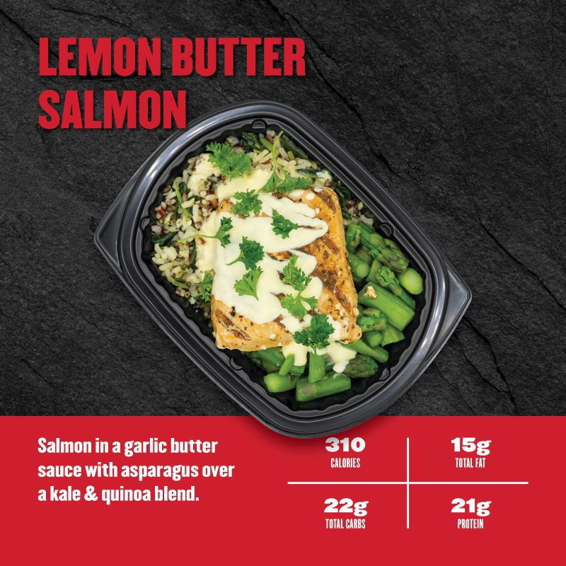 Lemon Butter Salmon — salmon in garlic butter sauce with asparagus over a kale and quinoa blend; 310 calories, 15g fat, 22g carbs, 21g protein
