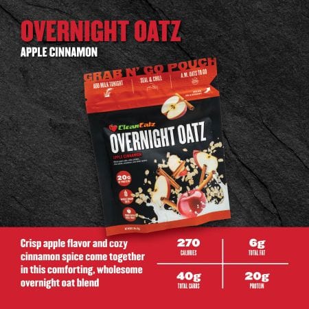 Crisp apple flavor with cozy cinnamon spice in a wholesome overnight oat blend; 270 calories, 6g fat, 40g carbs, 20g protein.