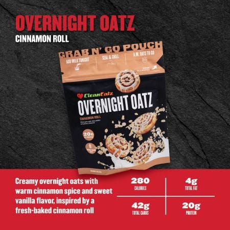 Creamy overnight oats with warm cinnamon spice and sweet vanilla flavor; 280 calories, 4g fat, 42g carbs, 20g protein.