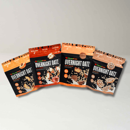 “Four Clean Eatz ‘Overnight Oatz’ grab-n’-go pouches (Peaches & Cream, Apple Cinnamon, Peanut Butter Cup, and Cinnamon Roll) fanned out on a light background.