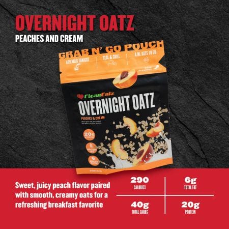 Sweet peach flavor paired with smooth, creamy oats; 290 calories, 6g fat, 40g carbs, 20g protein.