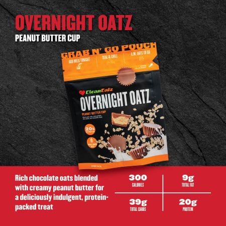 Rich chocolate oats blended with creamy peanut butter; 300 calories, 9g fat, 39g carbs, 20g protein.
