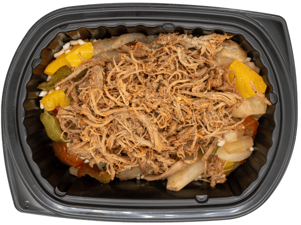 Shredded beef barbacoa with peppers and onions over rice in a black meal tray.