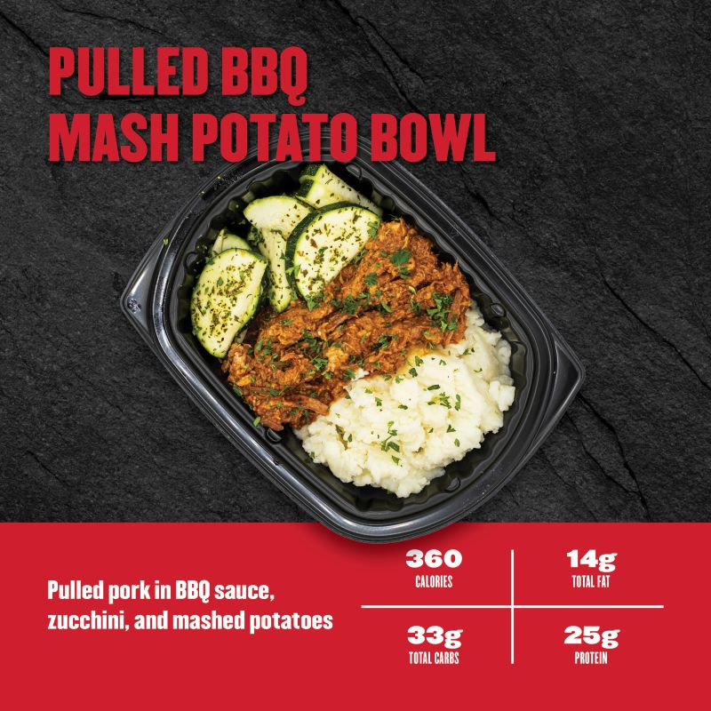 pulled pork in BBQ sauce with zucchini and mashed potatoes. Nutrition: 360 calories, 25g fat, 33g carbs, 14g protein.