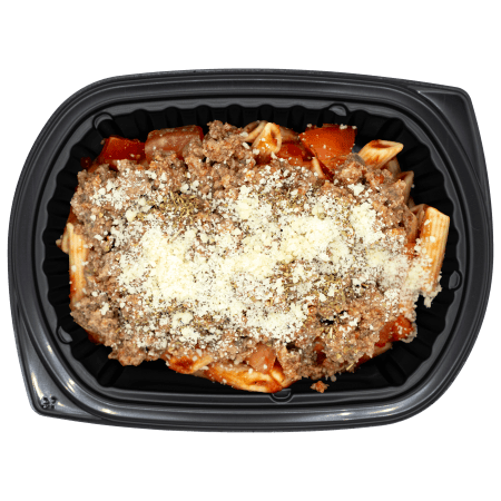 Ground beef bolognese over penne pasta with marinara sauce and grated parmesan in a black meal tray.
