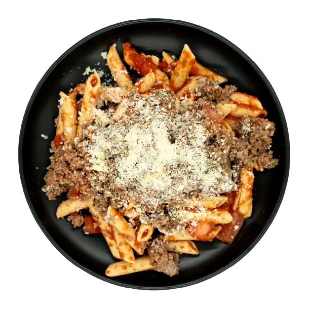 Ground beef bolognese over penne pasta with marinara sauce and grated parmesan on a black plate.