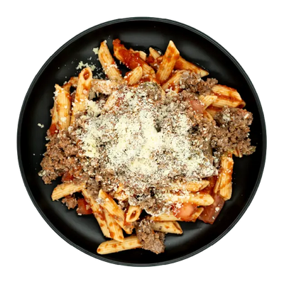 Ground beef bolognese over penne pasta with marinara sauce and grated parmesan on a black plate.