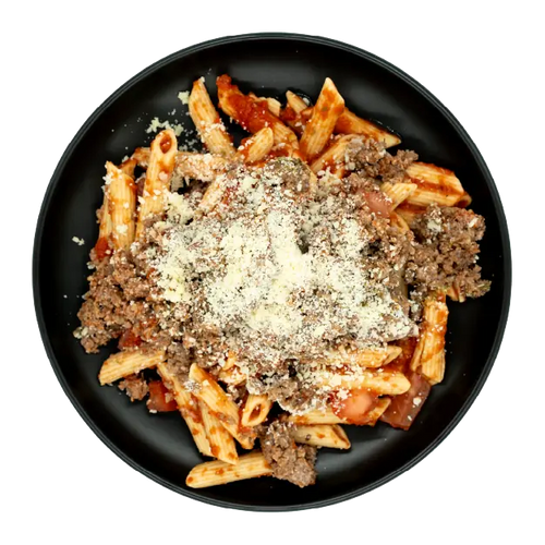 Ground beef bolognese over penne pasta with marinara sauce and grated parmesan on a black plate.