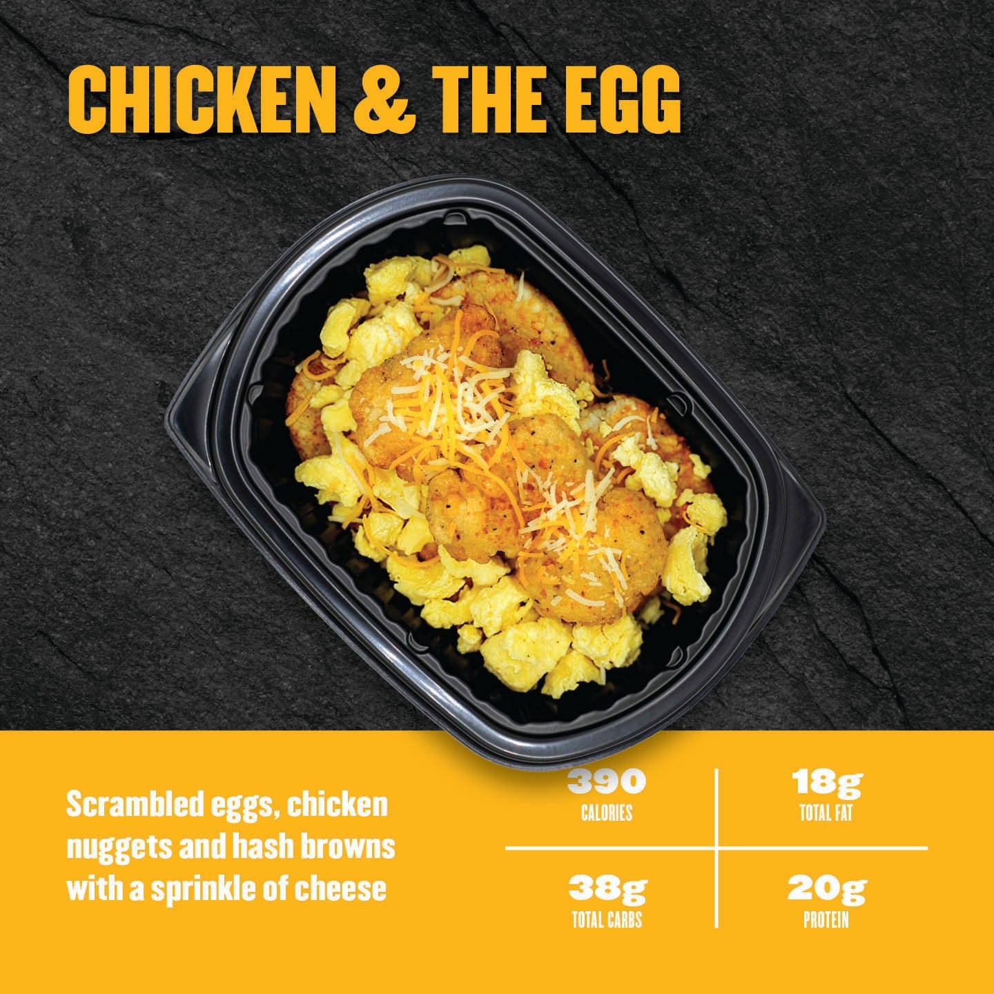 Prepared food dish with scrambled eggs, chicken nuggets, and hash browns on a black background with nutritional information.