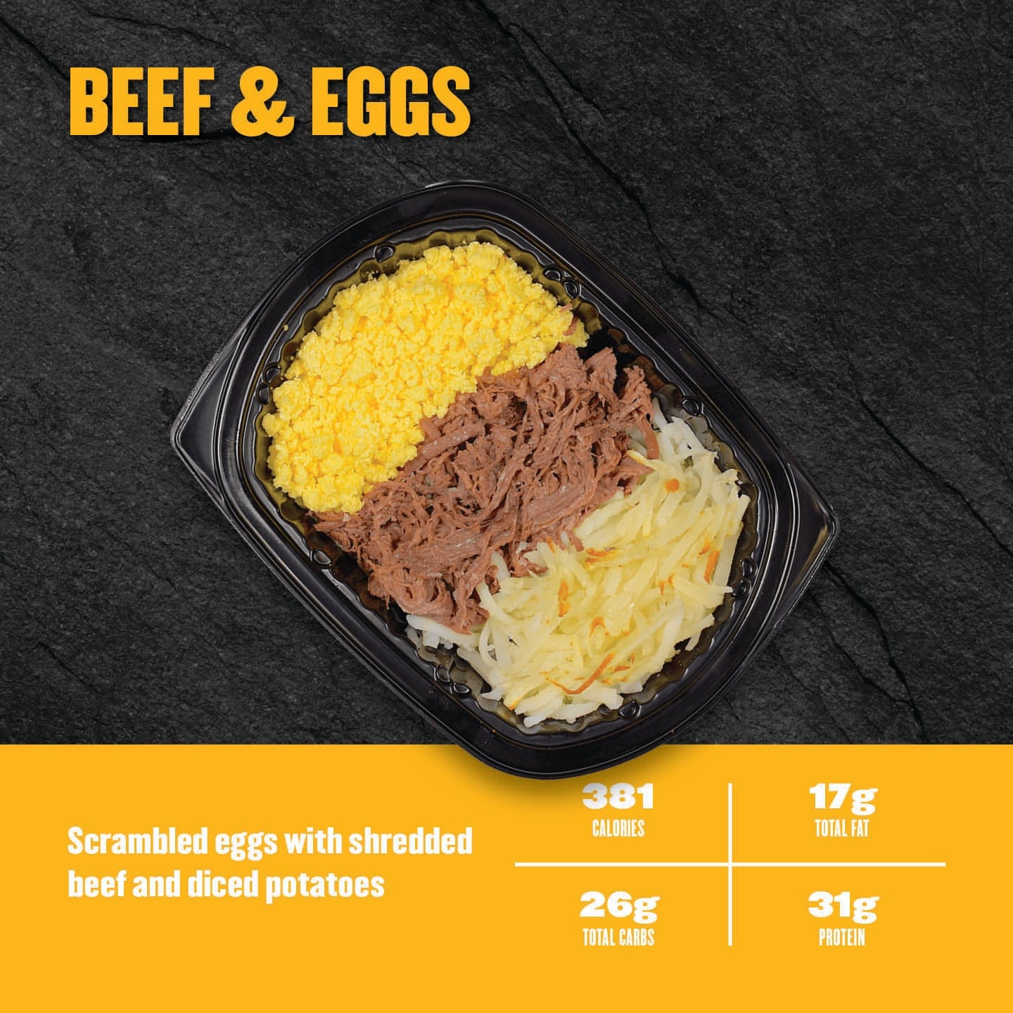 Scrambled eggs with shredded beef and diced potatoes. A high-protein breakfast meal.