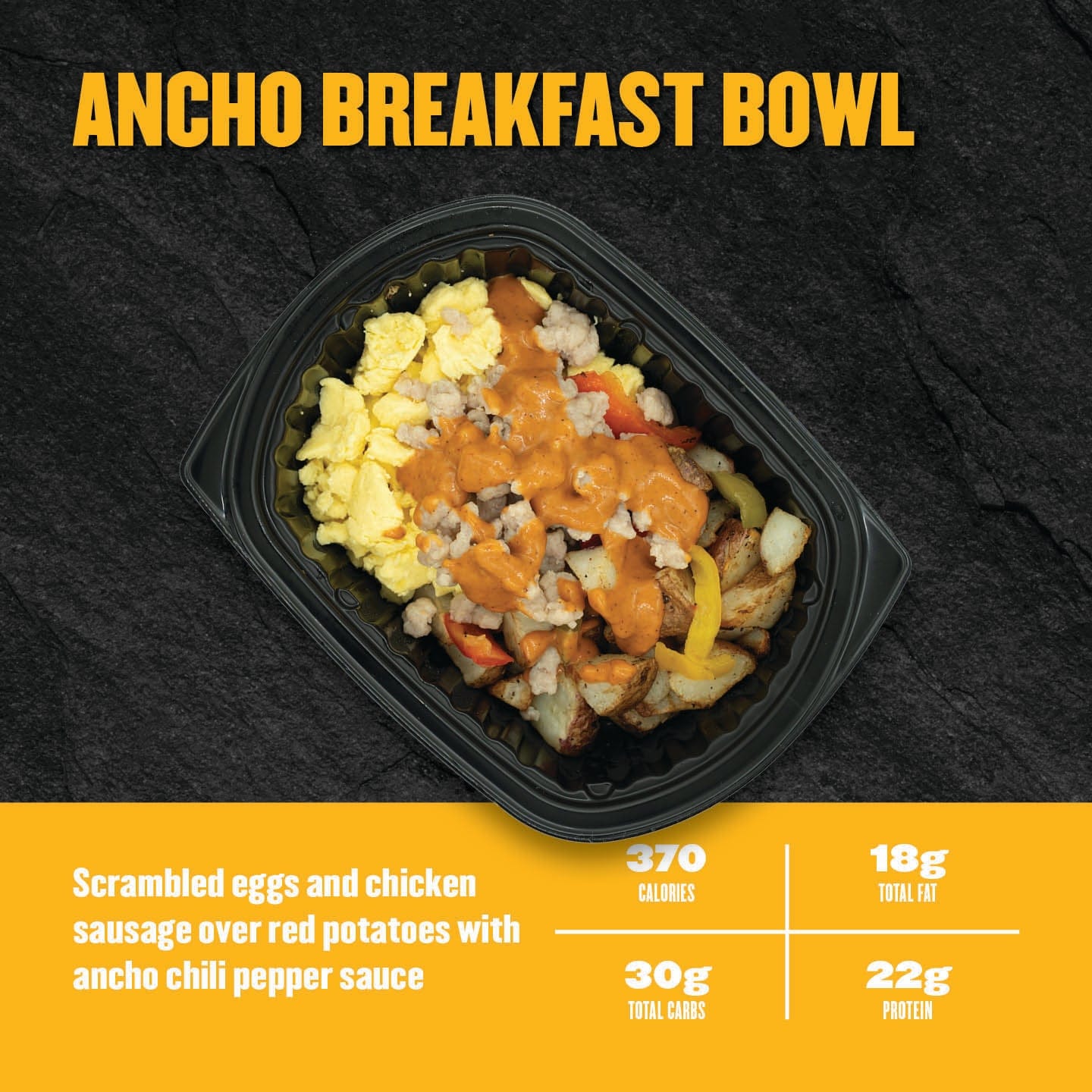 Clean Eatz Kitchen Ancho Breakfast Bowl – scrambled eggs and chicken sausage over red potatoes with ancho chili sauce