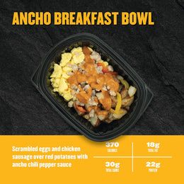 Clean Eatz Kitchen Ancho Breakfast Bowl – scrambled eggs and chicken sausage over red potatoes with ancho chili sauce