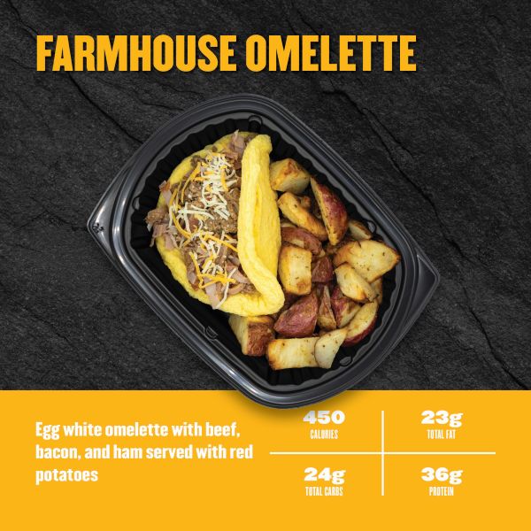 Farmhouse Omelette — egg white omelette with beef, bacon, and ham served with red potatoes; 450 calories, 23g fat, 24g carbs, 36g protein.