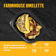 Farmhouse Omelette — egg white omelette with beef, bacon, and ham served with red potatoes; 450 calories, 23g fat, 24g carbs, 36g protein.